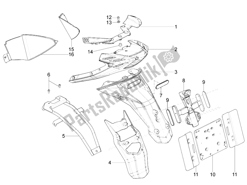 Toutes les pièces pour le Capot Arrière - Protection Contre Les éclaboussures du Piaggio Typhoon 125 4T 2V E3 2010