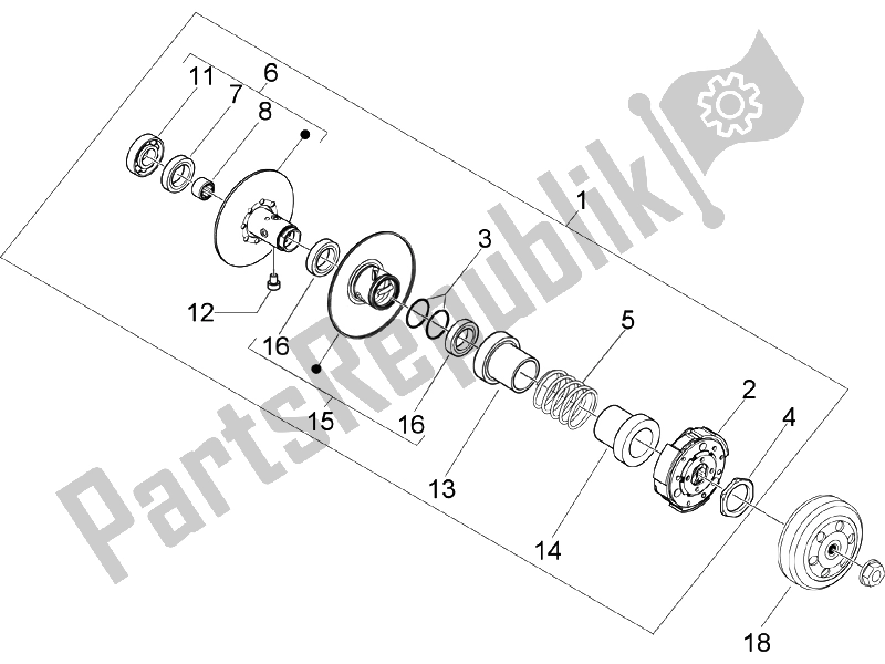 All parts for the Driven Pulley of the Piaggio NRG Power Pure JET 50 2010