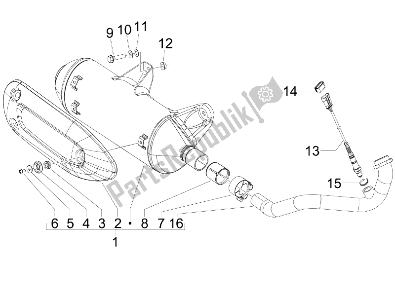 All parts for the Silencer of the Piaggio MP3 300 4T 4V IE ERL Ibrido 2010