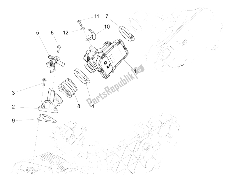 Toutes les pièces pour le Corps De Papillon - Injecteur - Tuyau Union du Piaggio FLY 125 4T 3V IE E3 LEM 2012