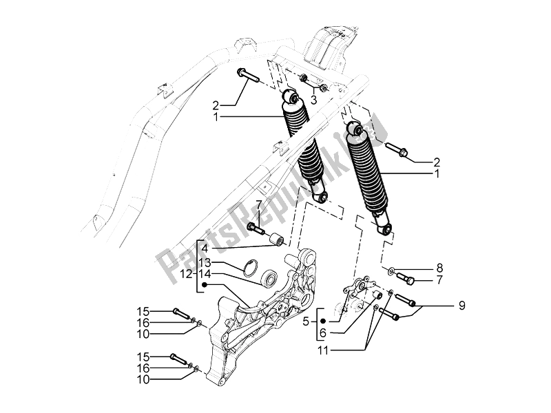 Toutes les pièces pour le Suspension Arrière - Amortisseur / S du Piaggio BV 350 4T 4V IE E3 ABS USA 2015