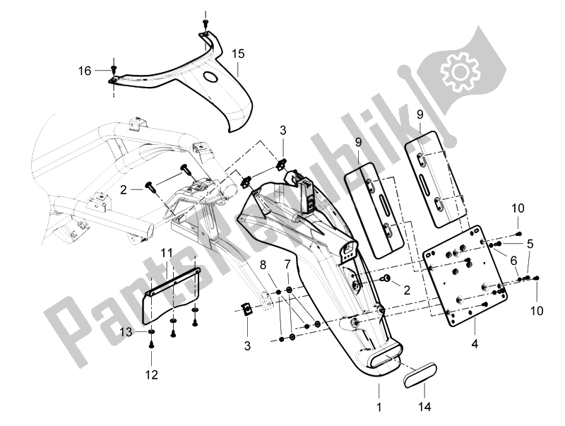Tutte le parti per il Coperchio Posteriore - Paraspruzzi del Piaggio Beverly 125 RST 4T 4V IE E3 2010