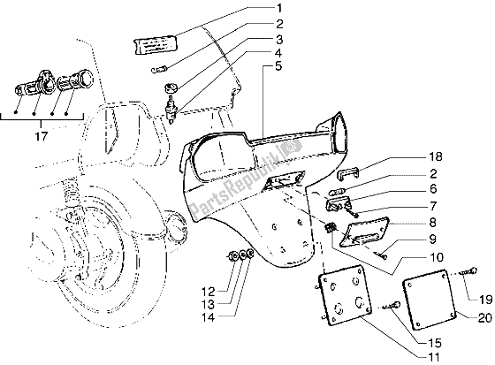 Toutes les pièces pour le Support De Plaque D'immatriculation Et Lampe De Compartiment De Boîtier du Piaggio Hexagon GTX 125 1999