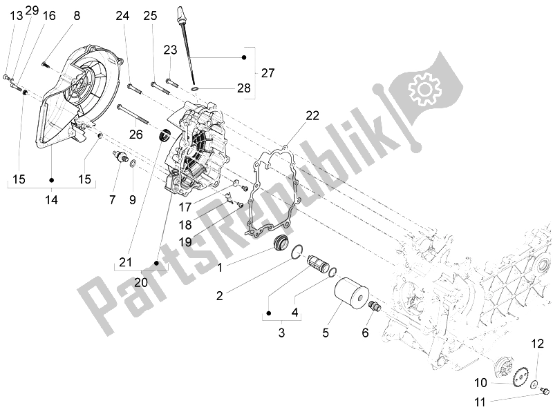 Toutes les pièces pour le Couvercle Magnéto Volant - Filtre à Huile du Piaggio Liberty 125 4T 3V IE E3 2014