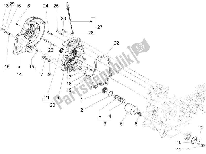 All parts for the Flywheel Magneto Cover - Oil Filter of the Piaggio Liberty 125 4T 3V IE E3 2014