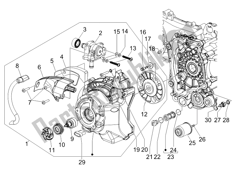 Toutes les pièces pour le Couvercle Magnéto Volant - Filtre à Huile du Piaggio X EVO 125 Euro 3 2007