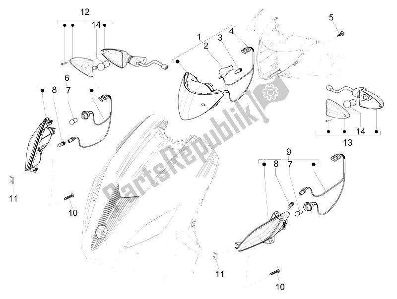 Toutes les pièces pour le Phares Avant - Clignotants du Piaggio FLY 50 4T 4V USA 2 2014