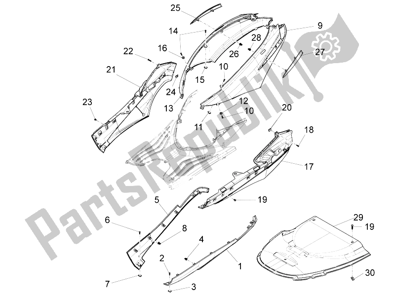 Toutes les pièces pour le Couvercle Latéral - Spoiler du Piaggio FLY 50 4T 4V USA 2 2014
