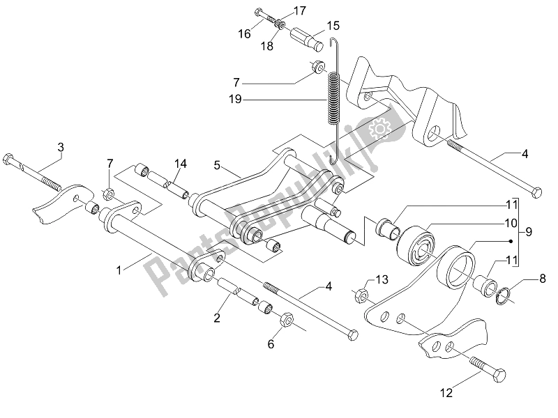 All parts for the Swinging Arm of the Piaggio FLY 50 4T USA 2007