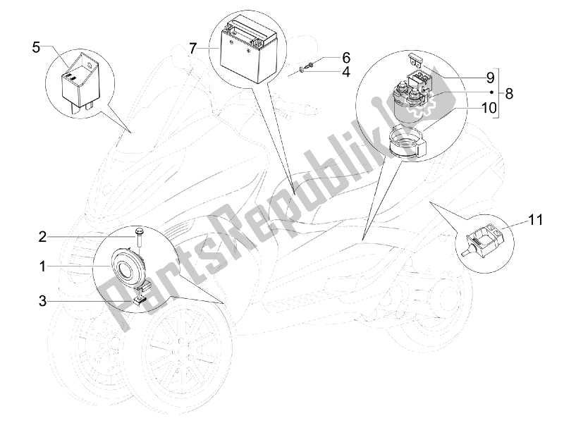 All parts for the Remote Control Switches - Battery - Horn of the Piaggio MP3 400 IE USA 2007