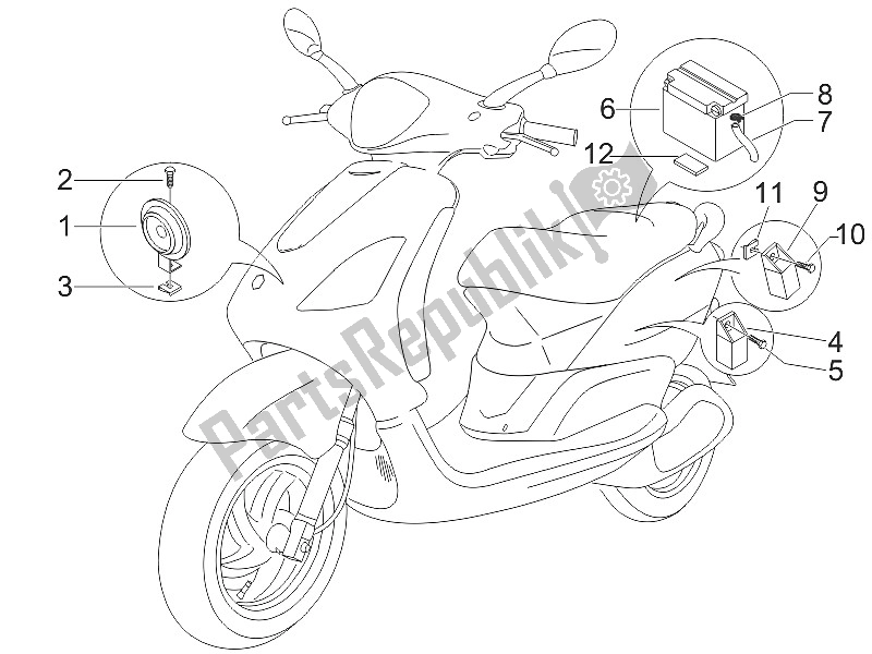 All parts for the Remote Control Switches - Battery - Horn of the Piaggio FLY 50 4T 4V USA 2011