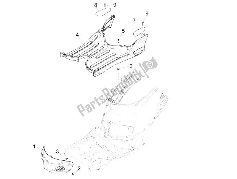 Alle onderdelen voor de Centrale Afdekking - Voetsteunen van de Piaggio Liberty 50 4T PTT 2009