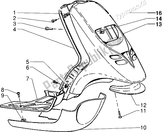 Alle onderdelen voor de Voorspoiler-treeplank-spoiler van de Piaggio Typhoon 50 XR 2000