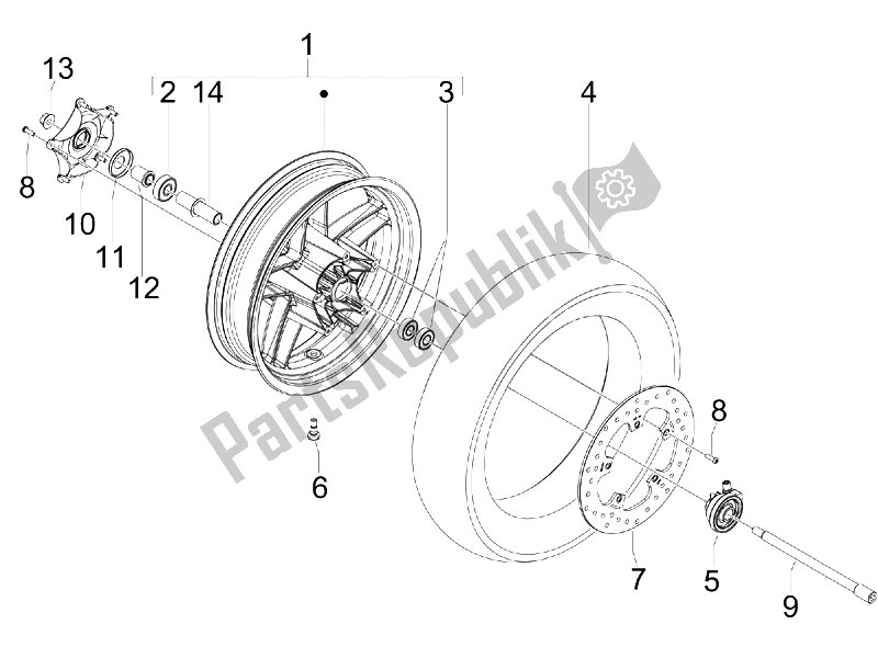 All parts for the Front Wheel of the Piaggio X7 125 IE Euro 3 2009