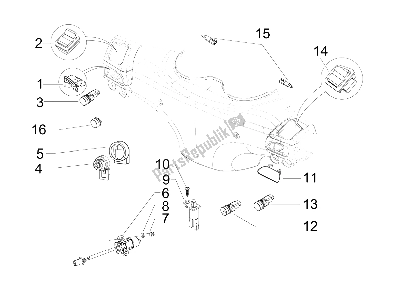 All parts for the Selectors - Switches - Buttons of the Piaggio Beverly 300 IE Tourer E3 2009