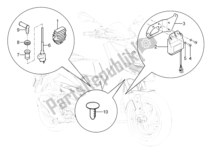 All parts for the Voltage Regulators - Electronic Control Units (ecu) - H. T. Coil of the Piaggio Typhoon 125 4T 2V E3 2010