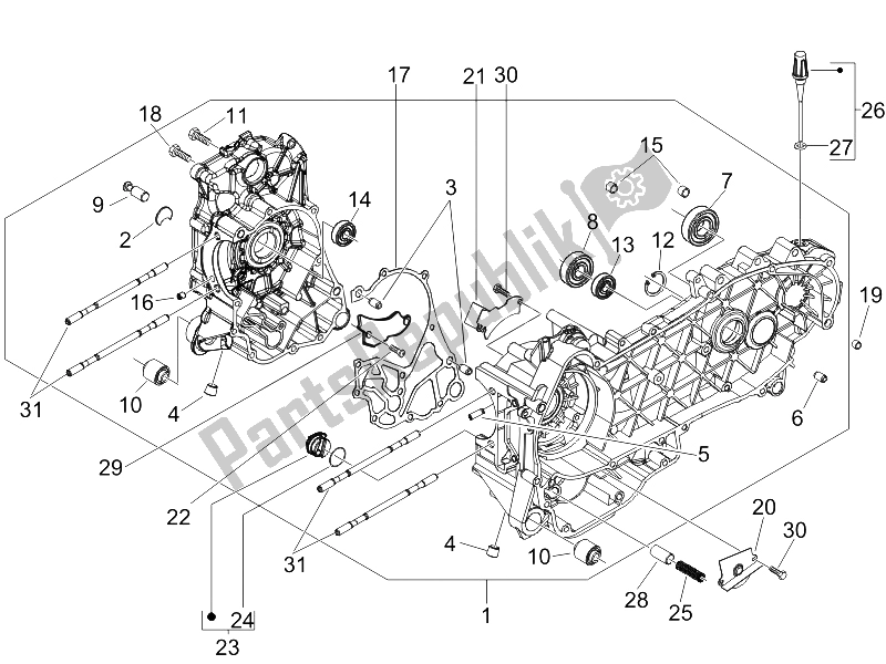 Alle onderdelen voor de Carter van de Piaggio Liberty 125 4T Sport E3 UK 2006