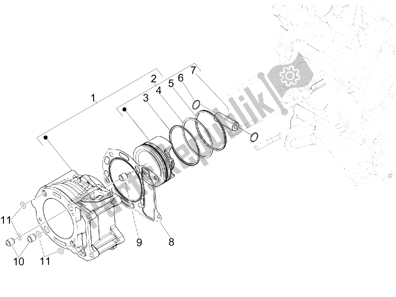 All parts for the Cylinder-piston-wrist Pin Unit of the Piaggio Beverly 300 IE Tourer E3 2009