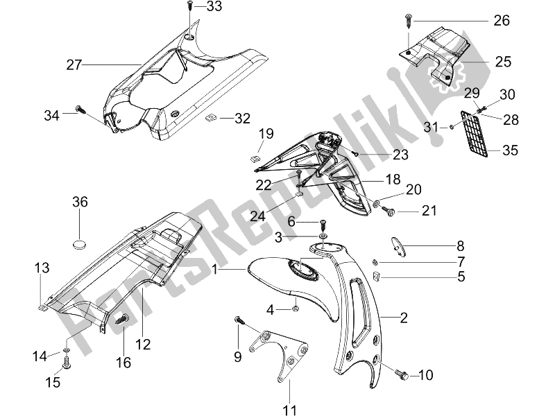 Toutes les pièces pour le Capot Arrière - Protection Contre Les éclaboussures du Piaggio NRG Power DT 50 2005