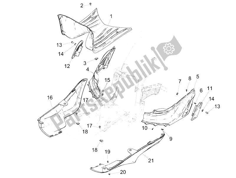 Toutes les pièces pour le Housse Centrale - Repose-pieds du Piaggio Liberty 125 Iget 4T 3V IE ABS Asia 2015