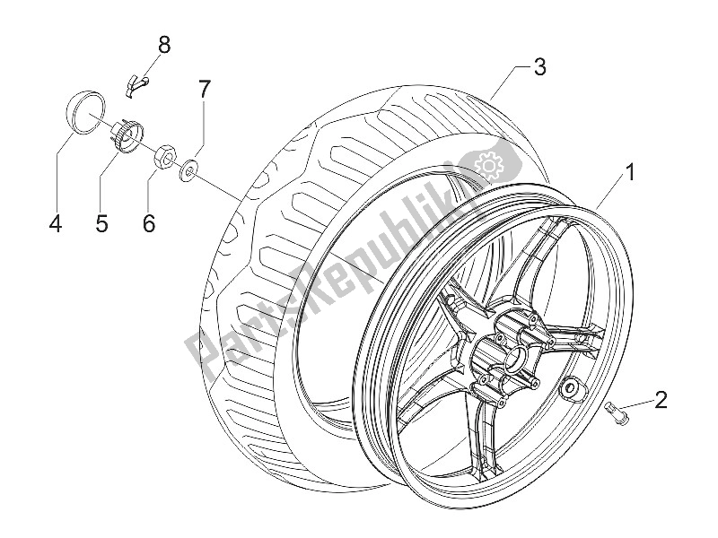 All parts for the Rear Wheel of the Piaggio FLY 50 4T 4V USA 2011