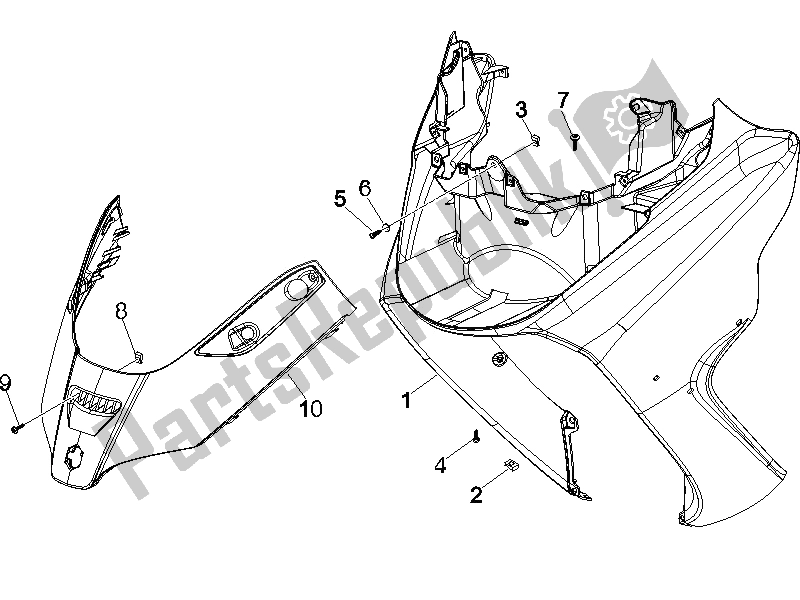 All parts for the Front Shield of the Piaggio X8 200 2005