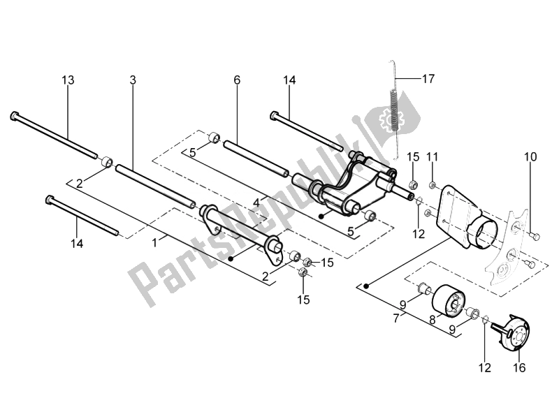 All parts for the Swinging Arm of the Piaggio Typhoon 125 4T 2V E3 2010