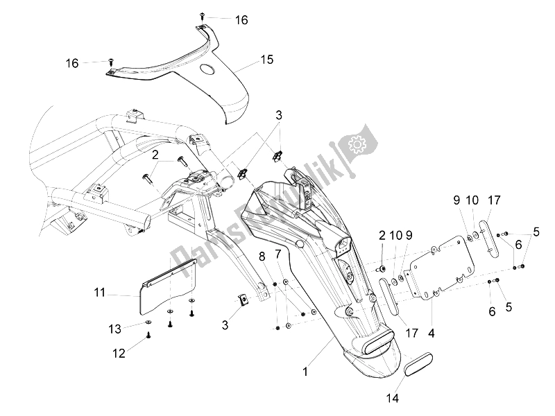 All parts for the Rear Cover - Splash Guard of the Piaggio BV 350 4T 4V IE E3 USA CA 2012