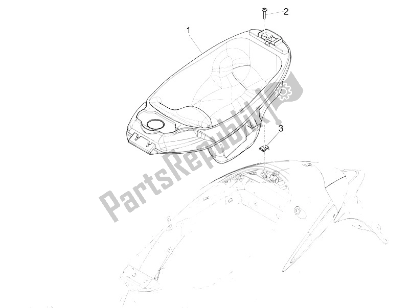 Alle onderdelen voor de Helmhuis - Onder Het Zadel van de Piaggio Liberty 100 4T Vietnam 2011