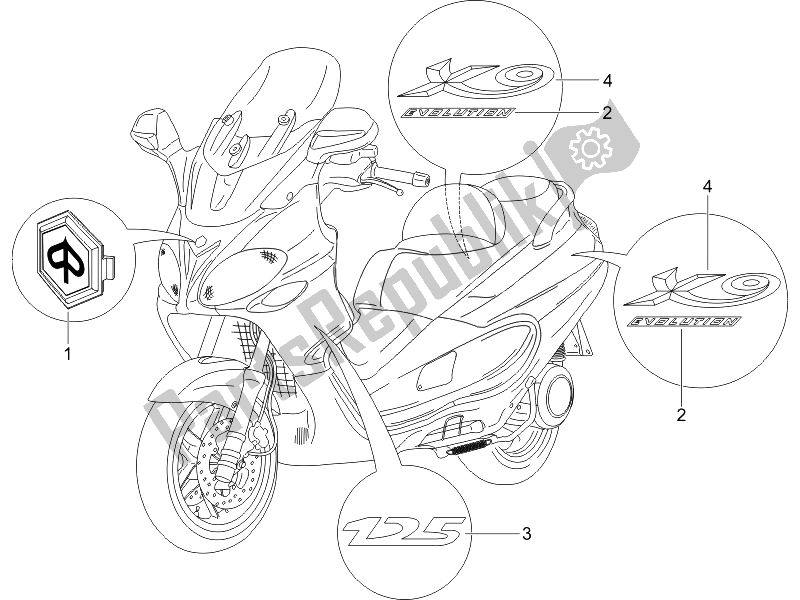 Alle onderdelen voor de Borden - Emblemen van de Piaggio X9 125 Evolution Euro 3 2007