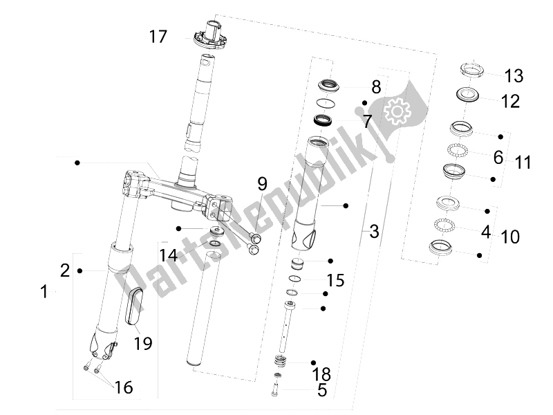Alle onderdelen voor de Vork / Stuurbuis - Stuurlagereenheid van de Piaggio FLY 50 4T 2V 2014