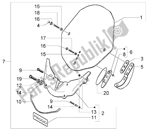 All parts for the Windscreen of the Piaggio X9 200 Evolution 2004