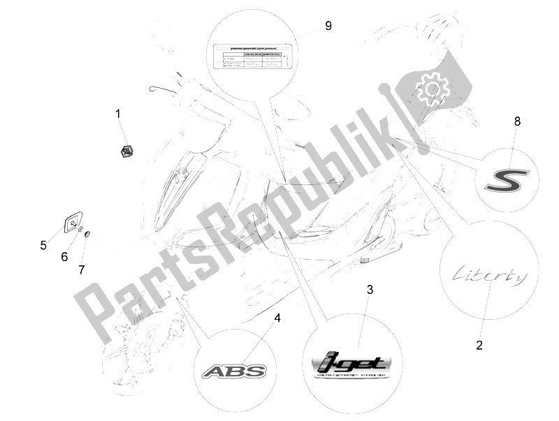 Toutes les pièces pour le Plaques - Emblèmes du Piaggio Liberty 125 Iget 4T 3V IE ABS EU 2015