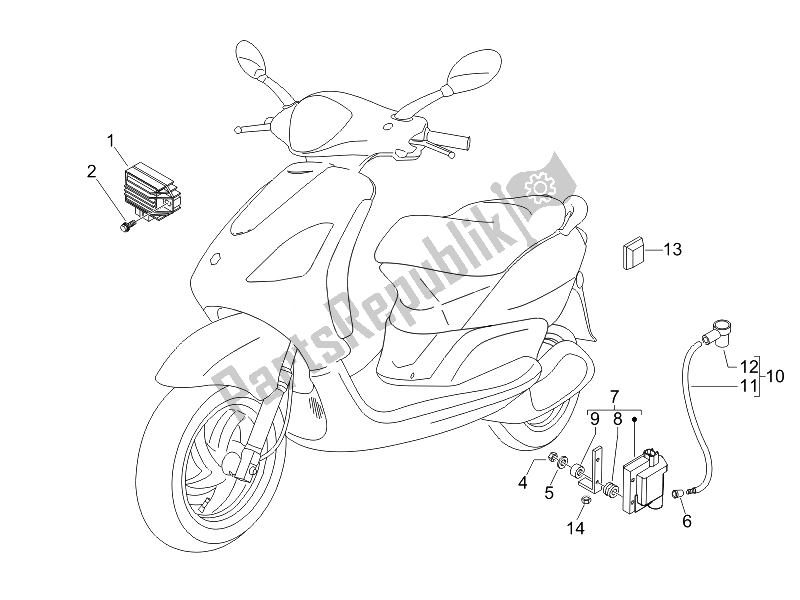 Alle onderdelen voor de Spanningsregelaars - Elektronische Regeleenheden (ecu) - H. T. Spoel van de Piaggio FLY 50 2T 2010