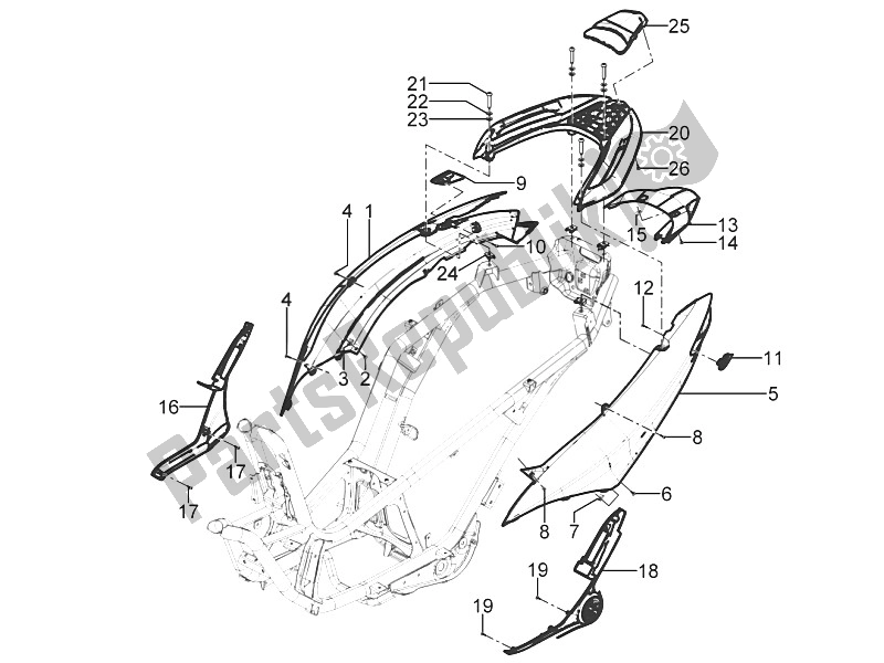 Toutes les pièces pour le Couvercle Latéral - Spoiler du Piaggio MP3 125 Yourban ERL 2011