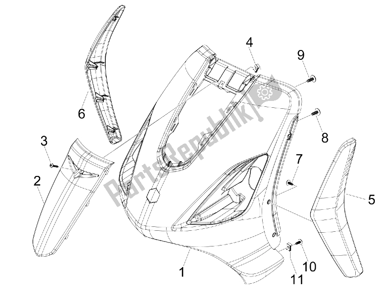 Todas as partes de Escudo Frontal do Piaggio FLY 150 4T E3 2008