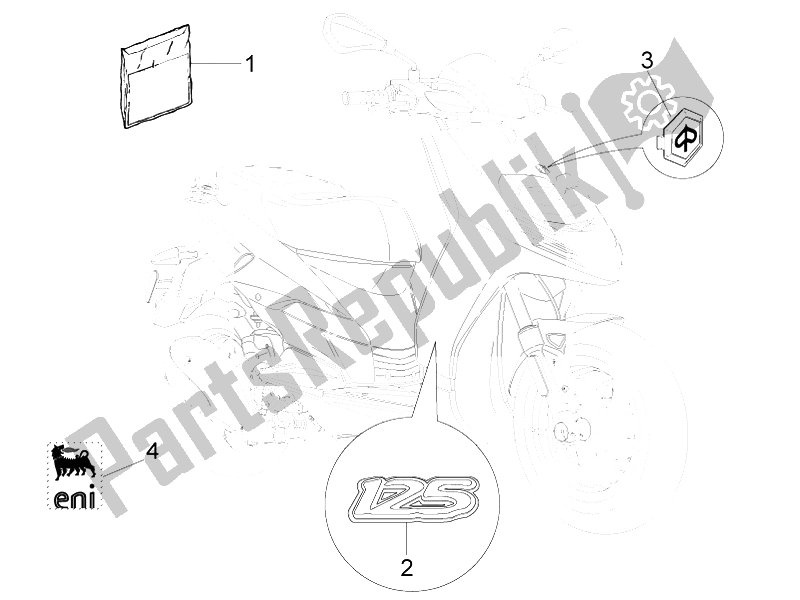 Toutes les pièces pour le Plaques - Emblèmes du Piaggio Typhoon 125 4T 2V E3 2010