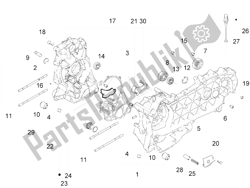 All parts for the Crankcase of the Piaggio FLY 150 4T E2 E3 Vietnam 2012