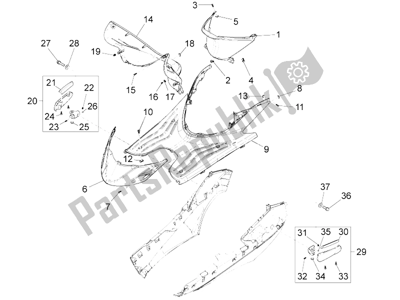 Toutes les pièces pour le Housse Centrale - Repose-pieds du Piaggio FLY 50 4T 2V 25 30 KMH 2012