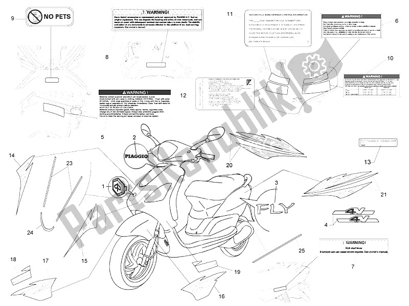 All parts for the Plates - Emblems of the Piaggio FLY 50 4T 4V USA 2011