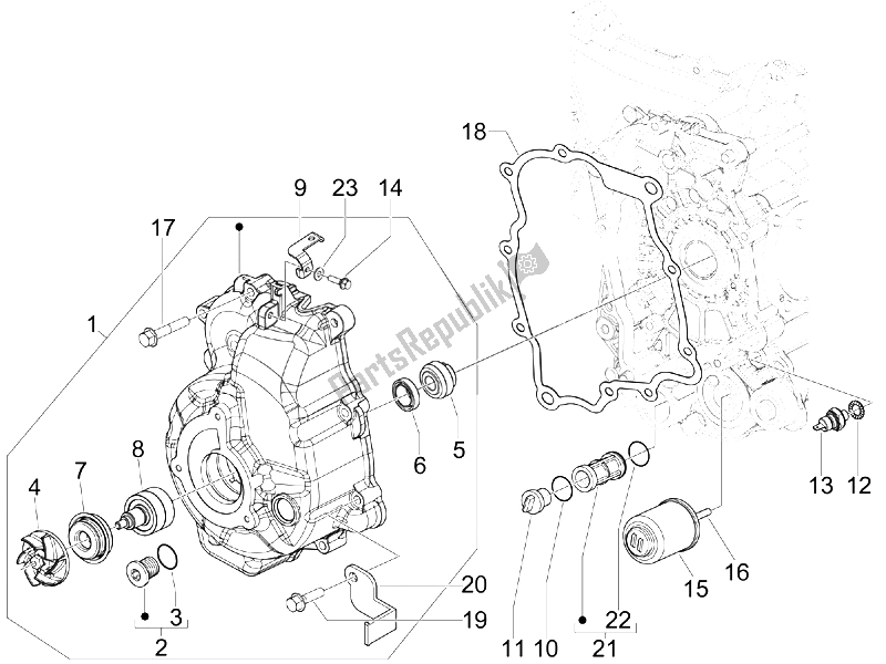 All parts for the Flywheel Magneto Cover - Oil Filter of the Piaggio X7 250 IE Euro 3 2008