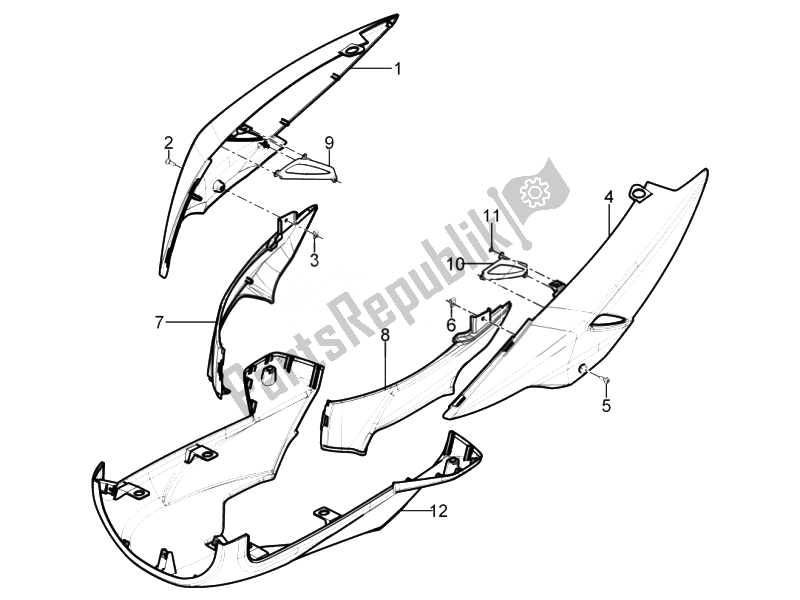 Tutte le parti per il Coperchio Laterale - Spoiler del Piaggio Typhoon 125 4T 2V E3 2010