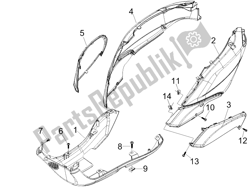 All parts for the Side Cover - Spoiler of the Piaggio FLY 150 4T E3 2008