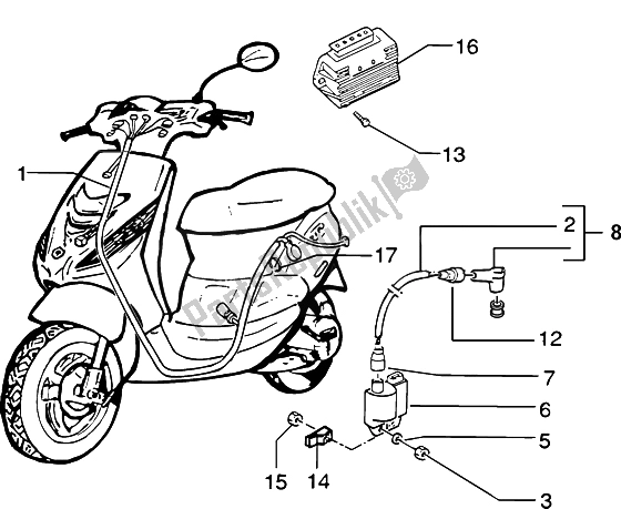 All parts for the H. T. Coil-regulator of the Piaggio ZIP SP H2O 50 1998