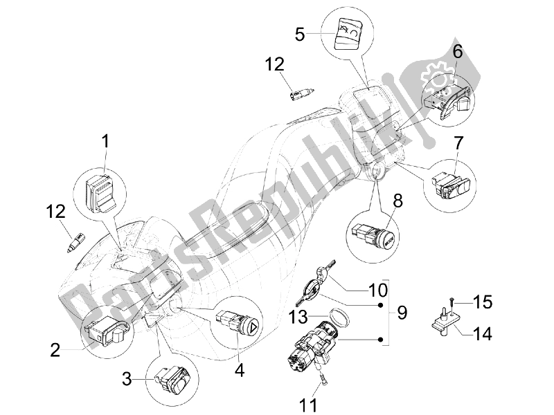 Alle onderdelen voor de Keuzeschakelaars - Schakelaars - Knoppen van de Piaggio MP3 250 USA 2007