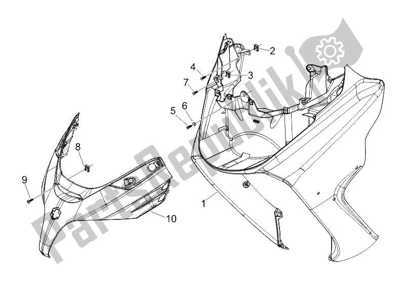 All parts for the Front Shield of the Piaggio X8 400 IE Euro 3 UK 2006