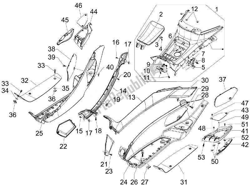 All parts for the Central Cover - Footrests of the Piaggio MP3 500 Sport USA 2010