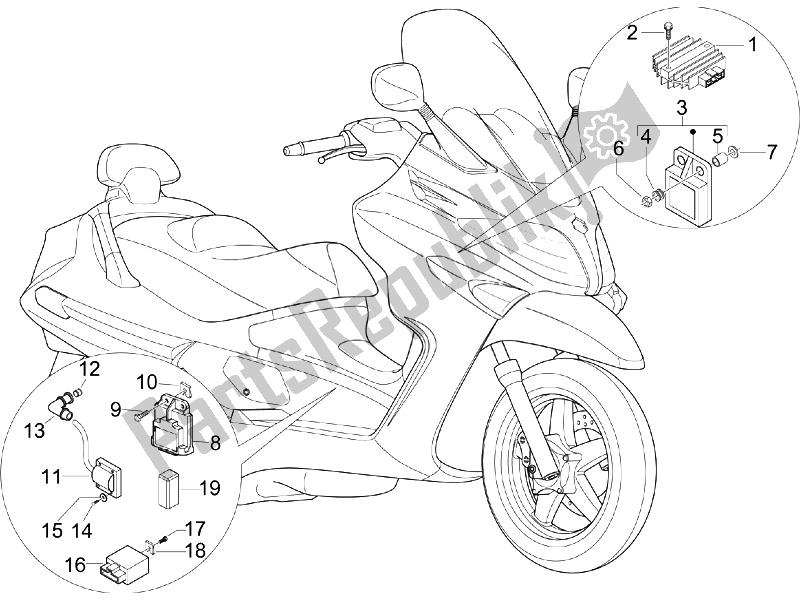 Alle onderdelen voor de Spanningsregelaars - Elektronische Regeleenheden (ecu) - H. T. Spoel van de Piaggio X EVO 125 Euro 3 2007