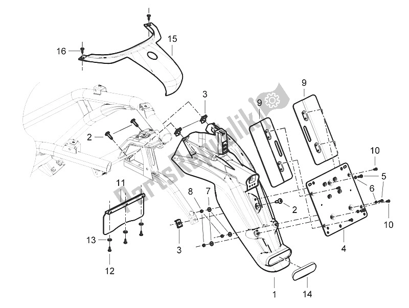 All parts for the Rear Cover - Splash Guard of the Piaggio Beverly 300 IE ABS E4 EU 2016