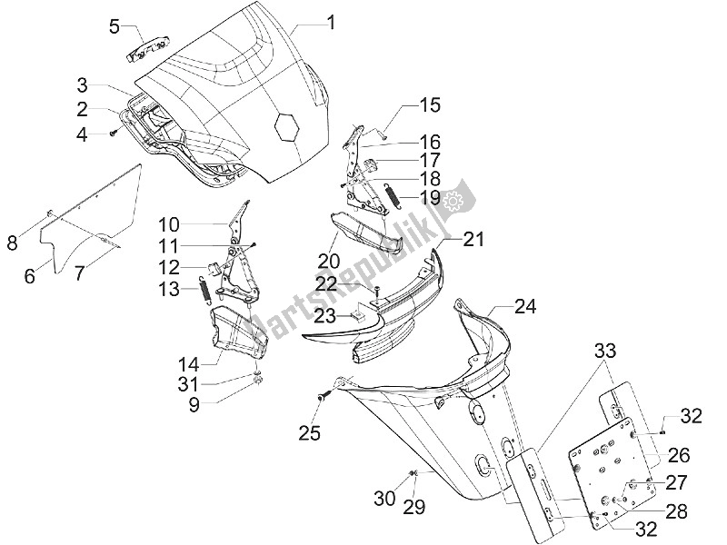 Toutes les pièces pour le Capot Arrière - Protection Contre Les éclaboussures du Piaggio MP3 125 IE Touring 2011